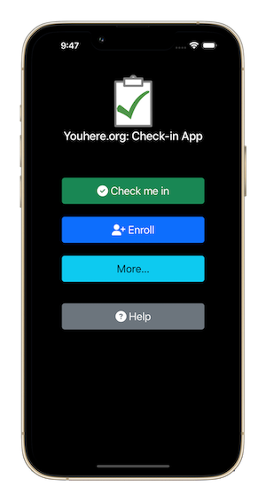 The check in app shown on a mock phone.
