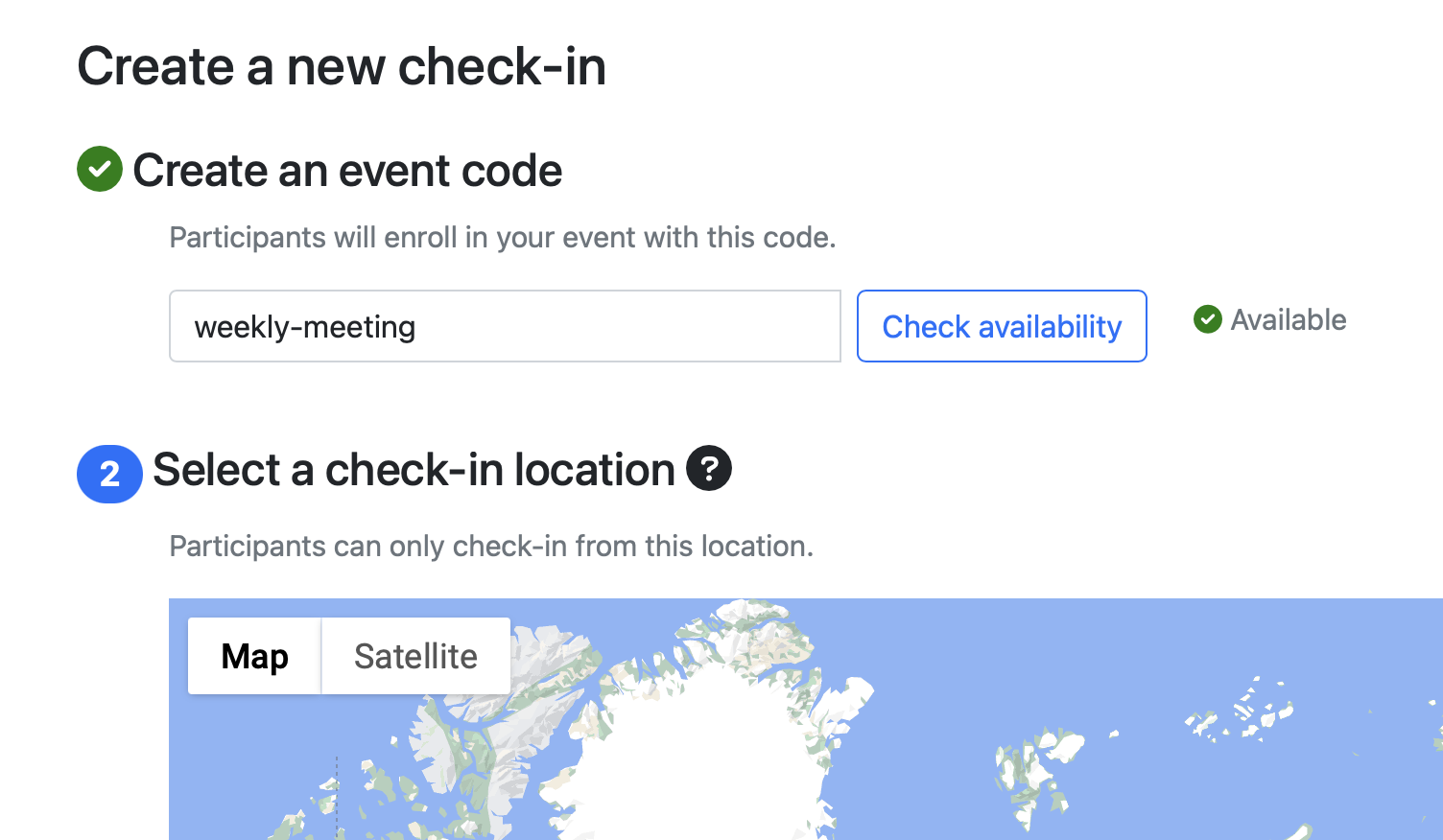 Sample page showing how to configure a check-in event.