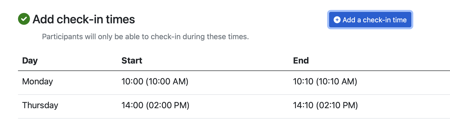 The check-in time selection menu