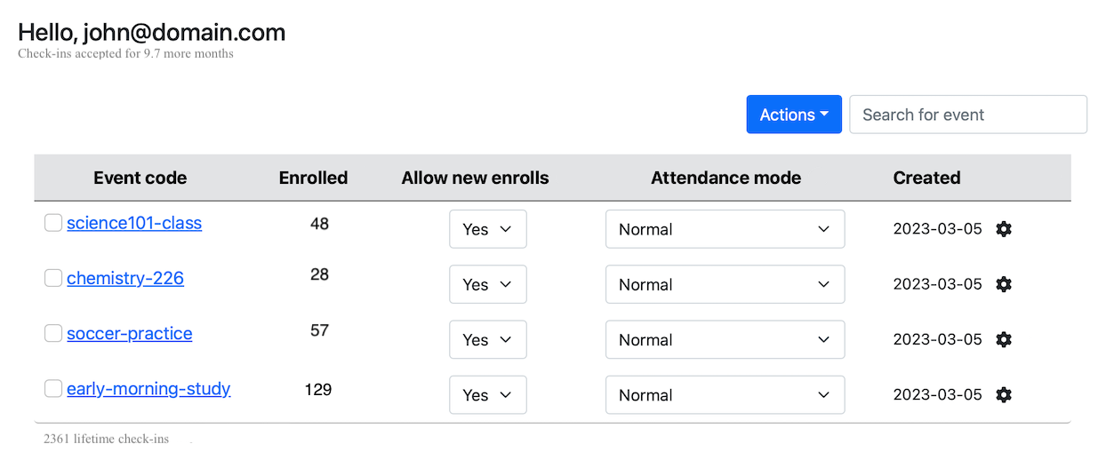 Sample list of check-in events.