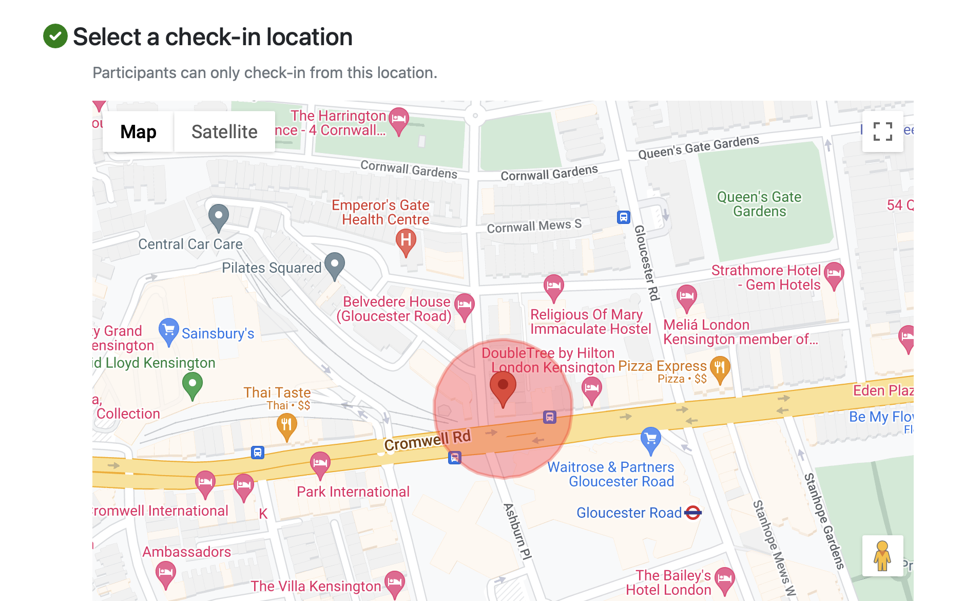 Map showing a pinned check-in location.